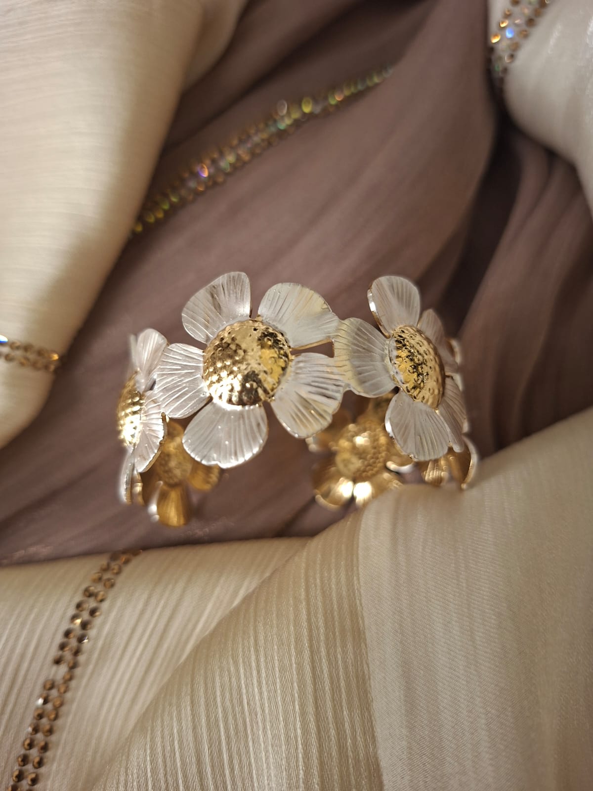 Turkish broad white and gold tone kada TK4