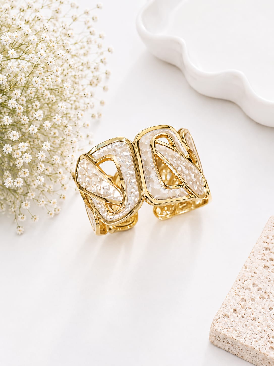 Turkish broad white and gold tone kada TK2
