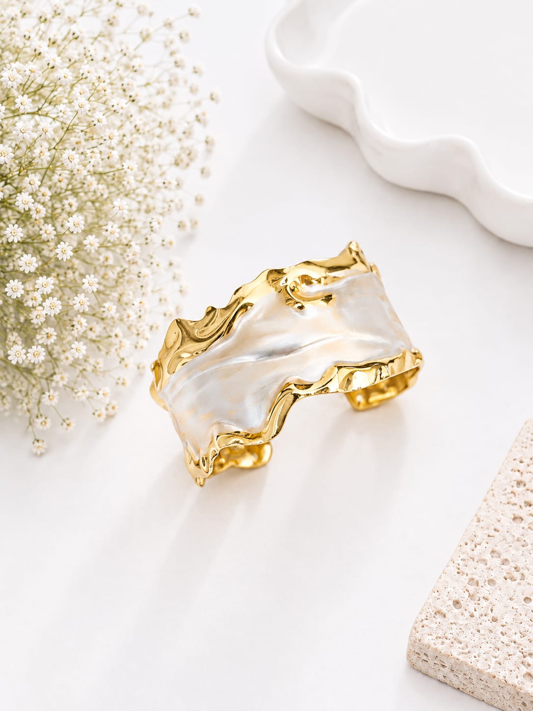 Turkish broad white and gold tone kada TK1